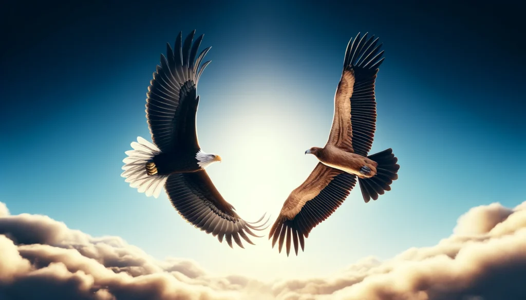 dallc2b7e-2024-04-17-07.59.06-a-photorealistic-image-of-a-powerful-eagle-and-a-graceful-condor-soaring-side-by-side-in-a-clear-blue-sky.-the-eagle-represents-the-masculine-energy-w